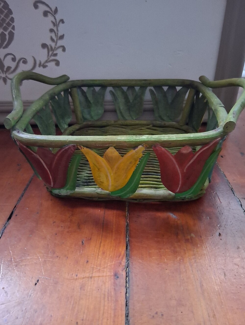 Handcrafted Green Wicker Basket with Red and Yellow Tulip Accents